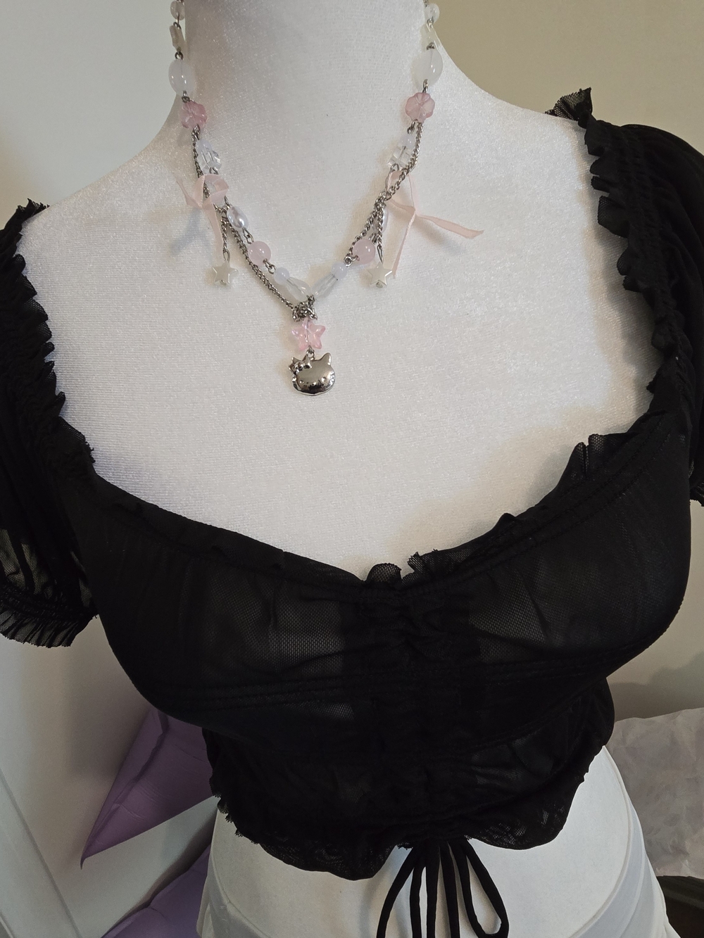 Garage Black Sheer Mesh Ruched Milkmaid Crop Top XS Whimsigoth Puff Sleeve - Picture 4 of 11